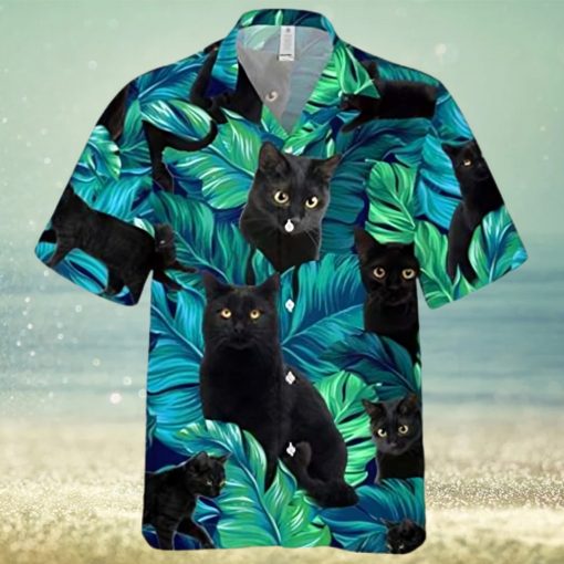 Black Cat On Summer Palm Tree Aloha Hawaiian Shirt