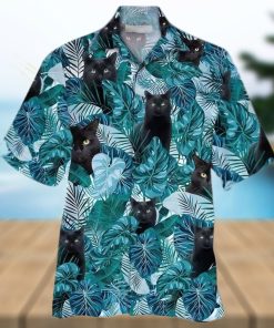 Black Cats Green Tropical Leaf Hawaiian Shirt