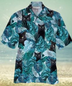 Black Cats Green Tropical Leaf Hawaiian Shirt