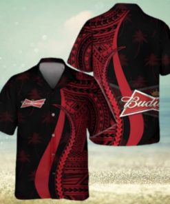 Budweiser Beer Hawaiian Shirt Red Polynesian Tropical Coconut Tree Pattern