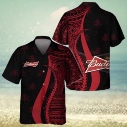 Budweiser Beer Hawaiian Shirt Red Polynesian Tropical Coconut Tree Pattern