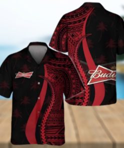 Budweiser Beer Hawaiian Shirt Red Polynesian Tropical Coconut Tree Pattern