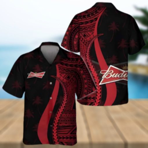 Budweiser Beer Hawaiian Shirt Red Polynesian Tropical Coconut Tree Pattern