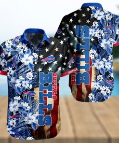 Buffalo Bills Hawaiian Shirt, Flowers And America Flag, Button Down Hawaiian Shirt