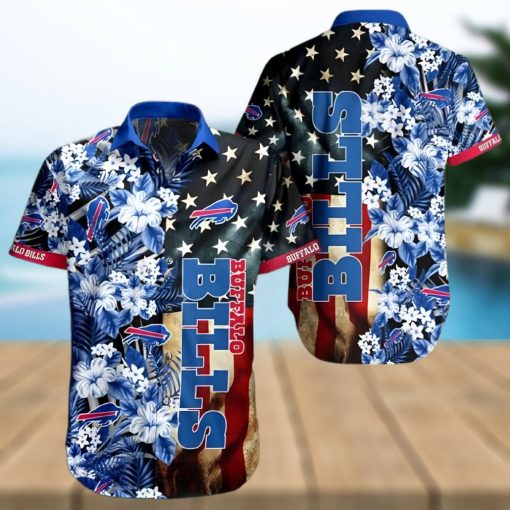 Buffalo Bills Hawaiian Shirt, Flowers And America Flag, Button Down Hawaiian Shirt