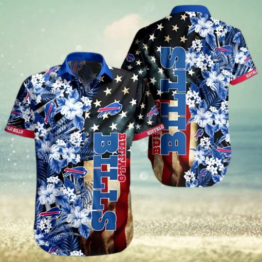 Buffalo Bills Hawaiian Shirt, Flowers And America Flag, Button Down Hawaiian Shirt