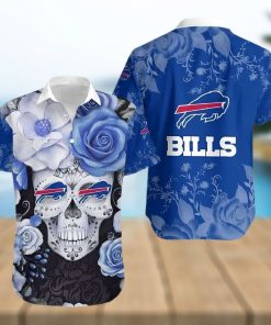 Buffalo Bills Hawaiian Shirt, Flowers Skull, Button Down Hawaiian Shirt