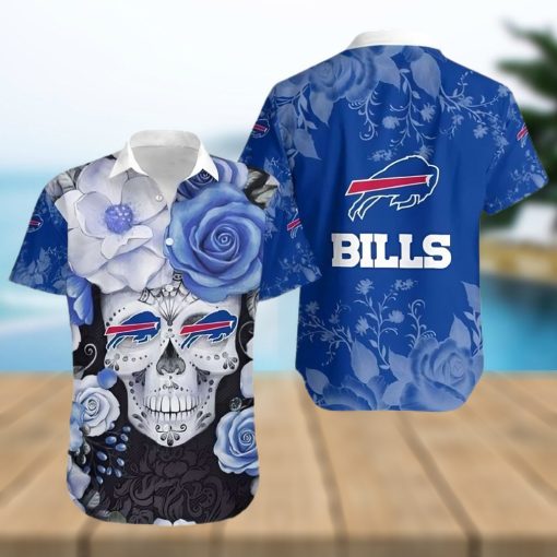 Buffalo Bills Hawaiian Shirt, Flowers Skull, Button Down Hawaiian Shirt