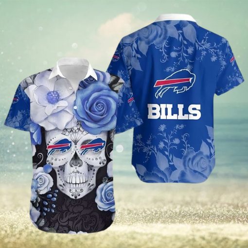 Buffalo Bills Hawaiian Shirt, Flowers Skull, Button Down Hawaiian Shirt