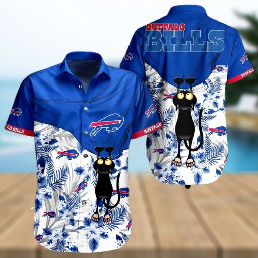 Buffalo Bills Hawaiian Shirt, Tropical Flowers With Cat, Unique Hawaiian Shirt