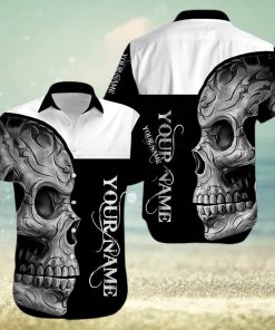 Buy Custom Name Black And White Skull Unisex Hawaiian Aloha Shirt