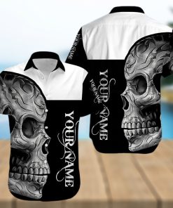 Buy Custom Name Black And White Skull Unisex Hawaiian Aloha Shirt