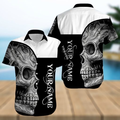 Buy Custom Name Black And White Skull Unisex Hawaiian Aloha Shirt