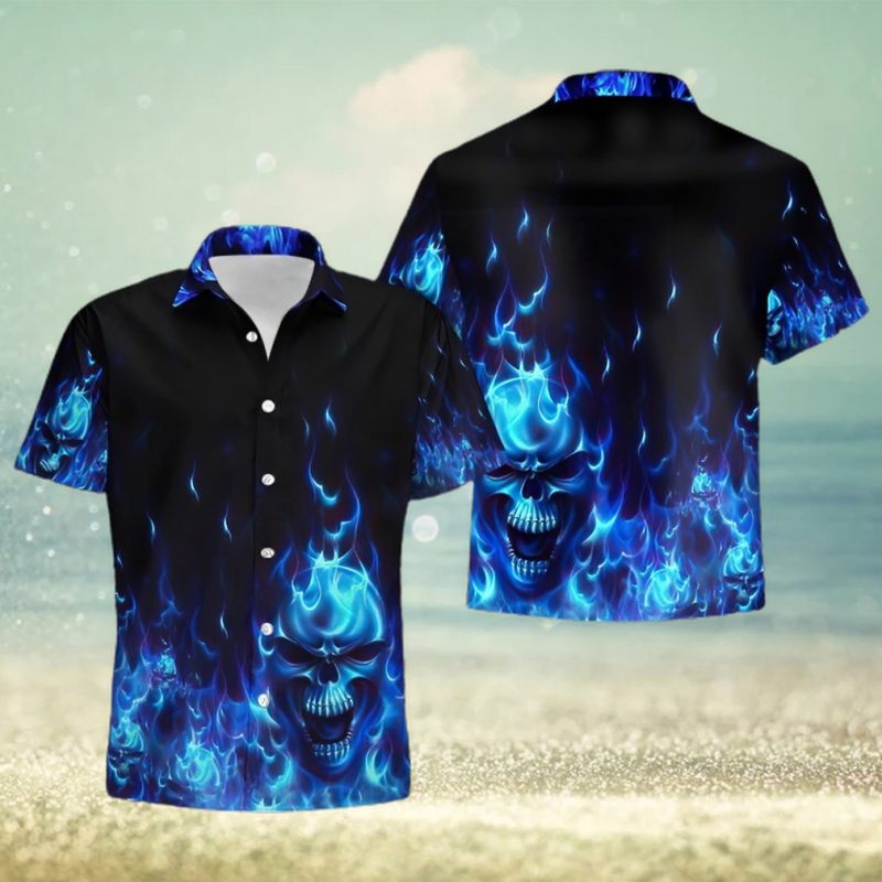 Buy Skull Flame Blue 3d All Over Hawaiian Shirtt