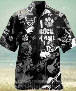 Cat Rock D Roll Cool Music Lover Short Sleeve Rock Music Button Up For Summer Hawaiian Shirt