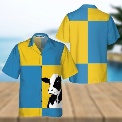 Cow On Yellow And Blue Background Hawaiian Shirt, Cow Shirt For Men & Womedn, Funny Cow Print Shirt