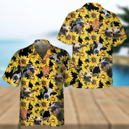 Cow With Sunflower Hawaiian Shirt, Tropical Cow Shirt For Men And Women, Funny Cow Print Shirt Gift Idea