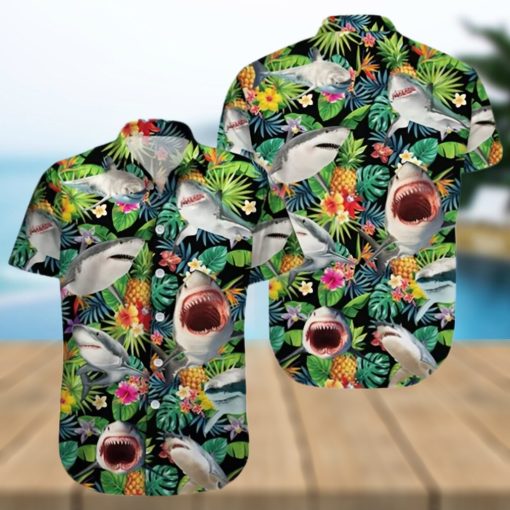 Funny Shark Pineapple Tropical Hawaiian Shirt Sharks Summer Aloha Hawaii Blue