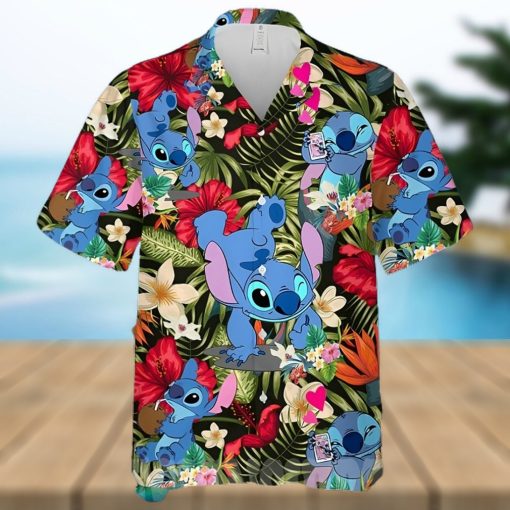 Lovely Stitch Disney Cartoon Graphics Red Hibiscus All Over Print Hawaiian Shirtt