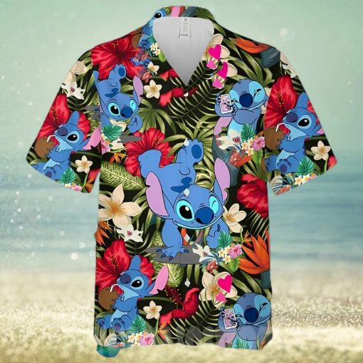 Lovely Stitch Disney Cartoon Graphics Red Hibiscus All Over Print Hawaiian Shirtt