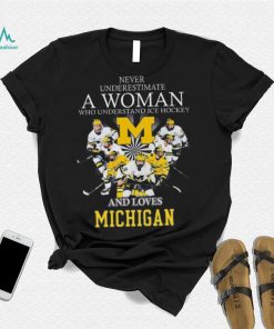 Michigan wolverines never underestimate a woman who understands ice hockey and loves michigan wolverines 2023 shirt