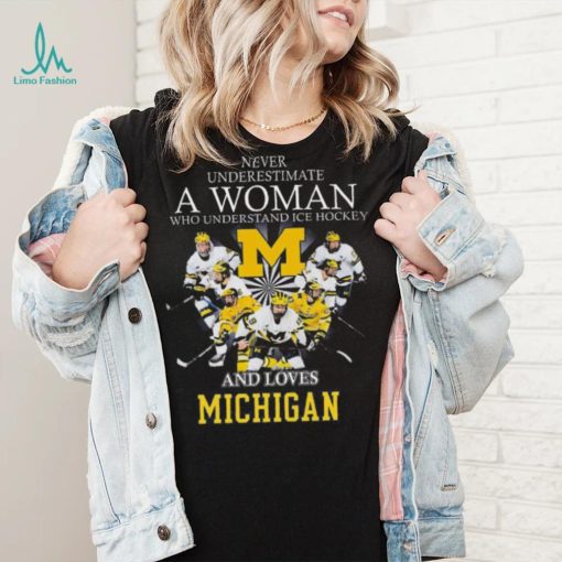 Michigan wolverines never underestimate a woman who understands ice hockey and loves michigan wolverines 2023 shirt