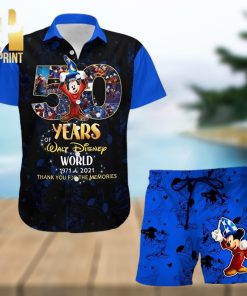 Mickey Fantasia 50th Anniversary Glitter Disney Castle Full Printing Combo Hawaiian Shirt And Beach Shorts – Black Blue