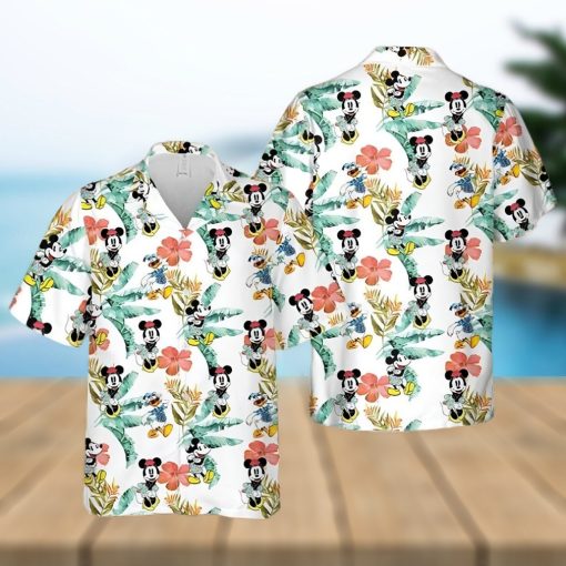 Mickey Minnie And Donald Vacation Disney Cartoon Graphics Tropical Hibiscus Full Printing Hawaiian Shirt – White