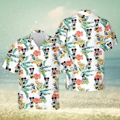 Mickey Minnie And Donald Vacation Disney Cartoon Graphics Tropical Hibiscus Full Printing Hawaiian Shirt – White