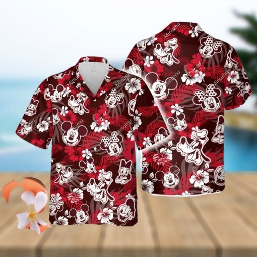 Mickey Minnie Mouse Donald Daisy Duck Goofy Dog Disney White Hibiscus Aloha Full Printing Hawaiian Shirt