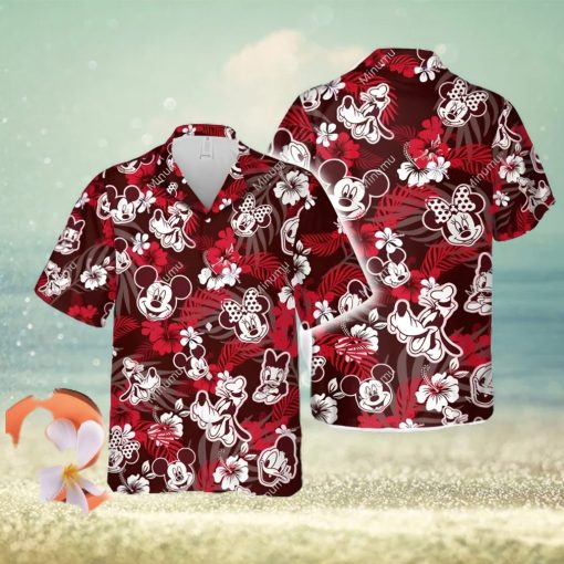 Mickey Minnie Mouse Donald Daisy Duck Goofy Dog Disney White Hibiscus Aloha Full Printing Hawaiian Shirt