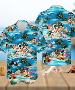 Mickey Minnie Mouse Donald Daisy Duck Surfing S And Catsle Full Printing Hawaiian Shirt – Blue