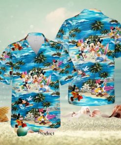 Mickey Minnie Mouse Donald Daisy Duck Surfing S And Catsle Full Printing Hawaiian Shirt – Blue