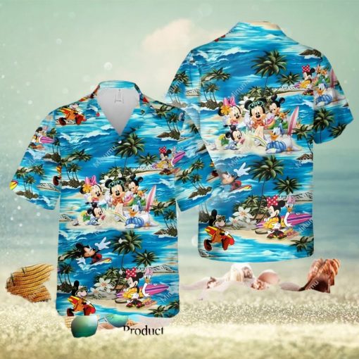 Mickey Minnie Mouse Donald Daisy Duck Surfing S And Catsle Full Printing Hawaiian Shirt – Blue