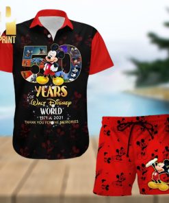 Mickey Mouse 50th Anniversary Glitter Disney Castle Full Printing Combo Hawaiian Shirt And Beach Shorts – Black Red