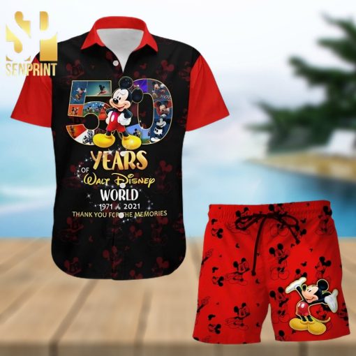 Mickey Mouse 50th Anniversary Glitter Disney Castle Full Printing Combo Hawaiian Shirt And Beach Shorts – Black Red