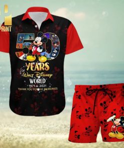 Mickey Mouse 50th Anniversary Glitter Disney Castle Full Printing Combo Hawaiian Shirt And Beach Shorts – Black Red