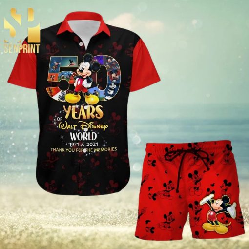 Mickey Mouse 50th Anniversary Glitter Disney Castle Full Printing Combo Hawaiian Shirt And Beach Shorts – Black Red