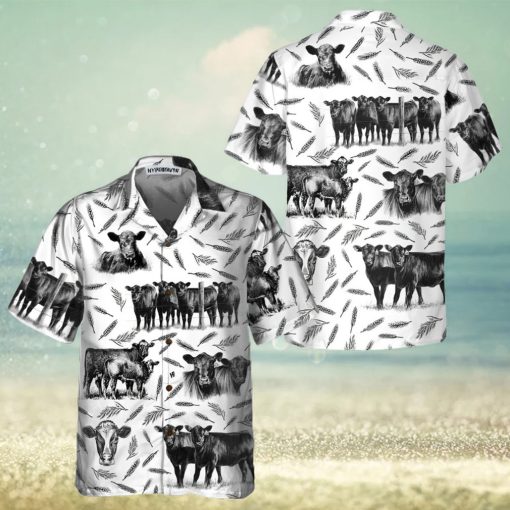 Monochrome Black Angus And Wheat Pattern Cow Hawaiian Shirt, Funny Hawaiian Shirt With Cows