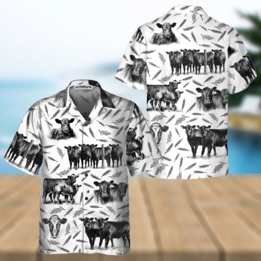 Monochrome Black Angus And Wheat Pattern Cow Hawaiian Shirt, Funny Hawaiian Shirt With Cows