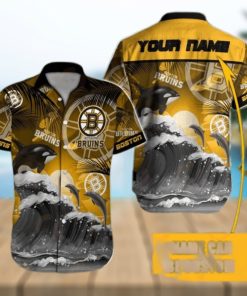 NHL Boston Bruins Special Hawaiian Design With Dolphins And Waves Button Shirt