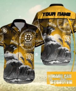 NHL Boston Bruins Special Hawaiian Design With Dolphins And Waves Button Shirt