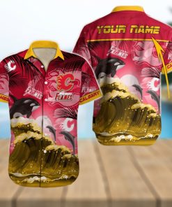 NHL Calgary Flames Special Hawaiian Design With Dolphins And Waves Button Shirt