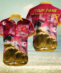 NHL Calgary Flames Special Hawaiian Design With Dolphins And Waves Button Shirt