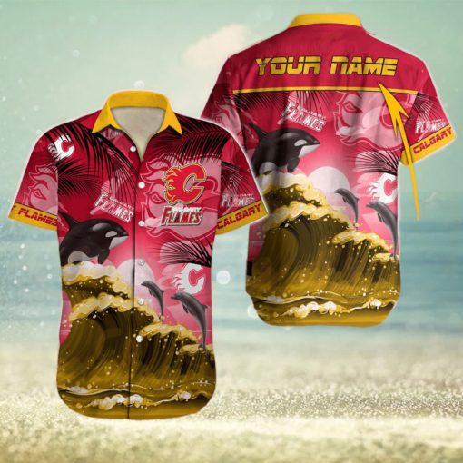 NHL Calgary Flames Special Hawaiian Design With Dolphins And Waves Button Shirt