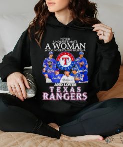 Never Underestimate A Woman Who Understands Baseball And Love Texas Rangers Signatures Shirt