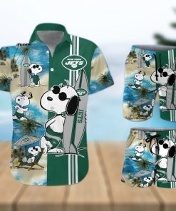 New York Jets Snoopy Surfing On The Beach All Over Print Combo Hawaiian Shirt And Beach Shorts