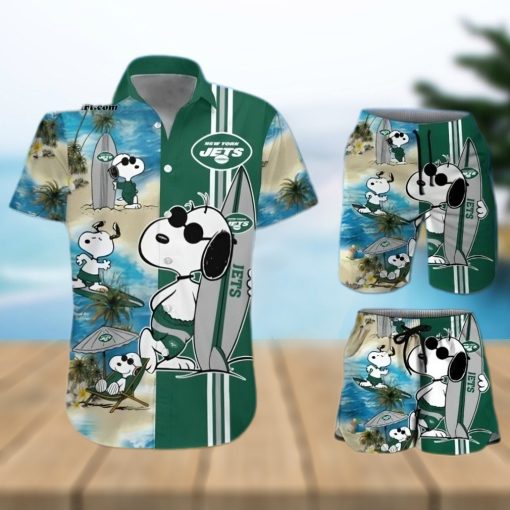 New York Jets Snoopy Surfing On The Beach All Over Print Combo Hawaiian Shirt And Beach Shorts