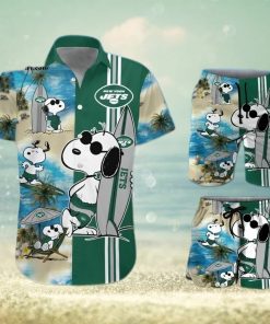 New York Jets Snoopy Surfing On The Beach All Over Print Combo Hawaiian Shirt And Beach Shorts