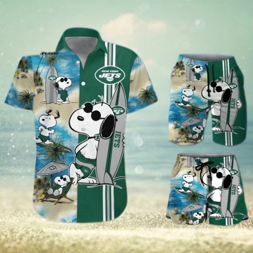 New York Jets Snoopy Surfing On The Beach All Over Print Combo Hawaiian Shirt And Beach Shorts